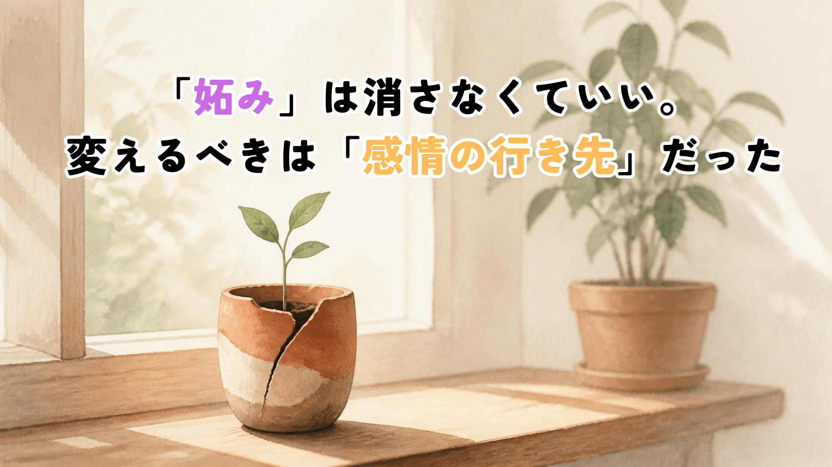 A single small plant sprouting from a cracked ceramic pot, placed on a sunlit wooden windowsill, with a second taller plant slightly out of focus in the background. Wide calm composition suggesting comparison without hostility. Warm natural editorial illustration. Palette: warm cream #F7F1E8, terracotta #C97B5A, sage green #8AA08A, soft clay brown #8C6B58. Soft diffused daylight, gentle organic shapes, hand-drawn feel with subtle paper grain, generous white space, no text, calm and encouraging mood, high resolution.