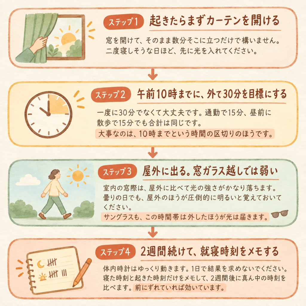 A vertical four-step flow of four rounded cards connected by soft downward arrows, each holding a simple hand-drawn icon: an opening curtain, a clock face with a marked morning segment, a walking figure under an open sky, and a small notebook with tally marks. Warm textured background, no text. Warm natural editorial illustration. Palette: warm cream #F7F1E8, soft terracotta #C97B5A, sage green #8AA08A, muted clay brown #8C6B58, pale morning gold. Soft diffused daylight, gentle organic shapes, hand-drawn feel with subtle paper grain, generous white space, no text, calm and hopeful mood, high resolution.
