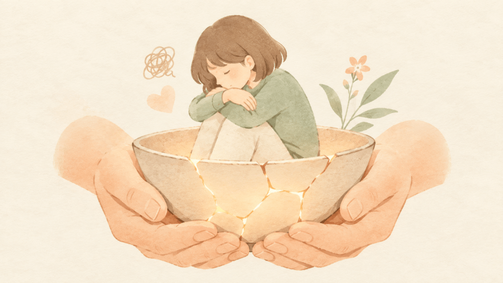 A thin cracked ceramic bowl held carefully in two open hands, with soft warm light glowing through the hairline cracks. Tender protective composition on a cream background. Warm natural editorial illustration. Palette: warm cream #F7F1E8, soft terracotta #C97B5A, sage green #8AA08A, muted clay brown #8C6B58. Soft diffused daylight, gentle organic shapes, hand-drawn feel with subtle paper grain, generous white space, no text, calm reassuring mood, never menacing or aggressive imagery, faces kept soft and undetailed, high resolution.