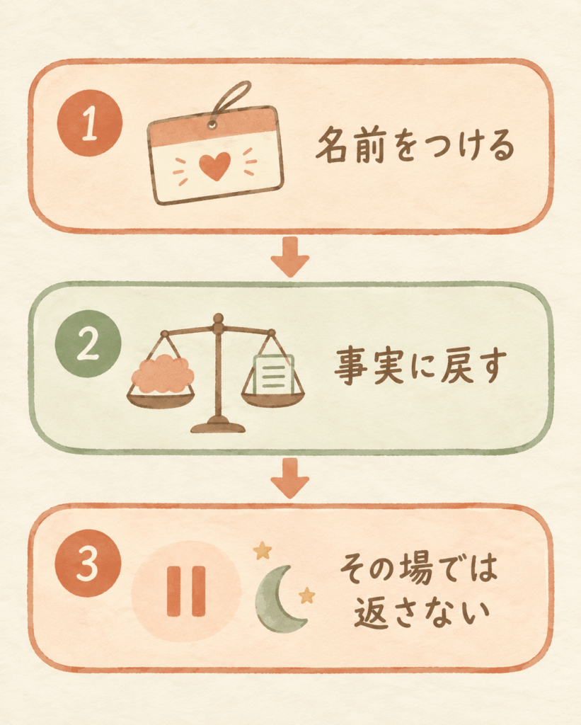 A vertical three-step flow of three rounded cards connected by soft downward arrows, each holding a simple hand-drawn icon: a small name tag, a pair of scales separating two shapes, and a pause symbol beside a crescent moon. Warm textured background, no text. Warm natural editorial illustration. Palette: warm cream #F7F1E8, soft terracotta #C97B5A, sage green #8AA08A, muted clay brown #8C6B58. Soft diffused daylight, gentle organic shapes, hand-drawn feel with subtle paper grain, generous white space, no text, calm reassuring mood, never menacing or aggressive imagery, faces kept soft and undetailed, high resolution.