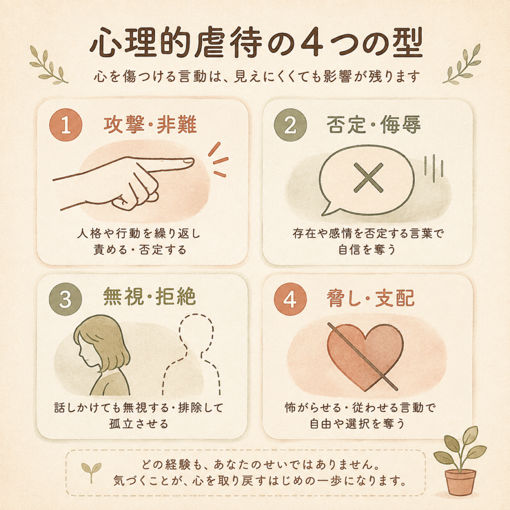 A warm minimalist infographic showing four soft rounded cards arranged in a 2x2 grid, each with a simple hand-drawn line icon: a pointing finger, a speech bubble with a cross, a faded silhouette turning away, and a muted heart. Natural earth-tone palette: warm beige background, terracotta, sage green, dusty clay accents. Hand-drawn editorial illustration style with subtle paper grain. No text. Soft shadows, rounded corners, calm and non-threatening mood.