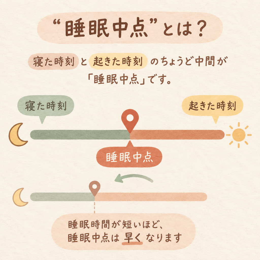A simple horizontal timeline bar with a crescent moon icon at the left end and a small sun icon at the right end, and a clear marker pin at the exact midpoint of the bar. A faint duplicate of the same bar sits slightly shifted to the left below it, showing the midpoint moving earlier. Flat, minimal, no text. Warm natural editorial illustration. Palette: warm cream #F7F1E8, soft terracotta #C97B5A, sage green #8AA08A, muted clay brown #8C6B58, pale morning gold. Soft diffused daylight, gentle organic shapes, hand-drawn feel with subtle paper grain, generous white space, no text, calm and hopeful mood, high resolution.
