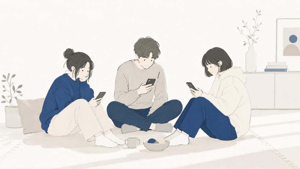 Minimal modern flat illustration, 16:9. Three young people sitting casually on a floor in soft daylight, each holding a phone low and relaxed, no posing, no glamour. Simple geometric shapes, faces suggested with minimal features. Off-white background (#FAFAF8), warm grey tones, single accent color muted deep blue (#2B4C7E) on clothing details. Lots of negative space, calm quiet mood, thin clean lines, no text, no logos.