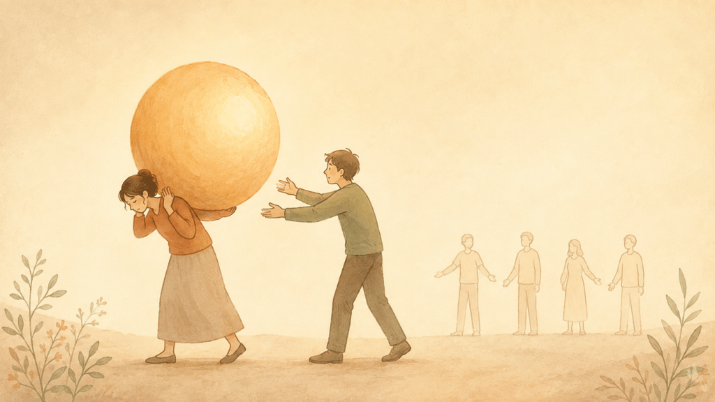 A gentle editorial illustration: one person carefully balancing a large glowing orb on their shoulders while another person reaches toward it, surrounded by empty space. In the far background, faint outlines of other supportive figures that could share the weight but are drawn very lightly. Natural earth-tone palette: warm cream, terracotta, sage green, muted clay. Hand-drawn style with soft grain, warm diffused lighting, compassionate rather than tragic mood.