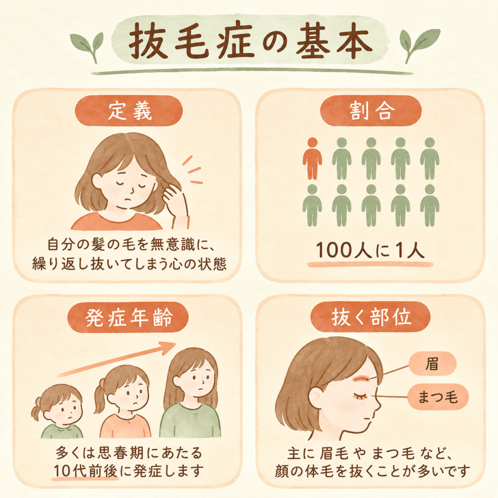 Warm minimal infographic explaining a hair-pulling condition, four simple icon blocks arranged in a 2x2 grid: a person silhouette, a 1-in-100 people ratio icon, a growing-child age icon, and a head with eyelash/eyebrow markers. Hand-drawn watercolor texture, cream background, terracotta and sage green accents, soft rounded shapes, plenty of white space, no text. Cozy editorial style, 1:1.