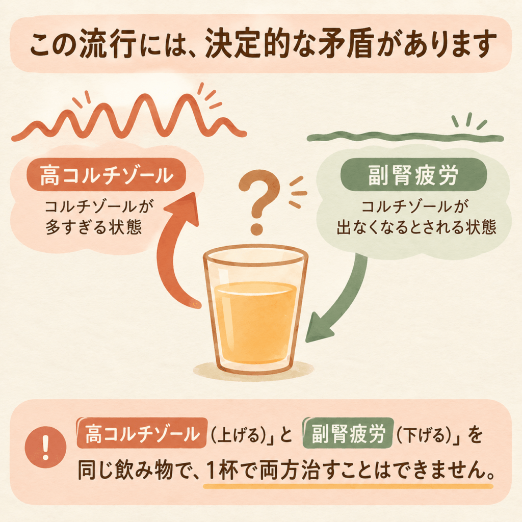 A single glass icon at the center with two arrows emerging from it pointing in exactly opposite directions - one arrow curving up toward a high wave line, the other curving down toward a low flat line - with a small question mark shape where they conflict. Flat, minimal, no text. Warm natural editorial illustration. Palette: warm cream #F7F1E8, soft terracotta #C97B5A, sage green #8AA08A, muted clay brown #8C6B58, pale citrus orange. Soft diffused daylight, gentle organic shapes, hand-drawn feel with subtle paper grain, generous white space, no text, calm and non-judgmental mood, never mocking or alarmist, high resolution.