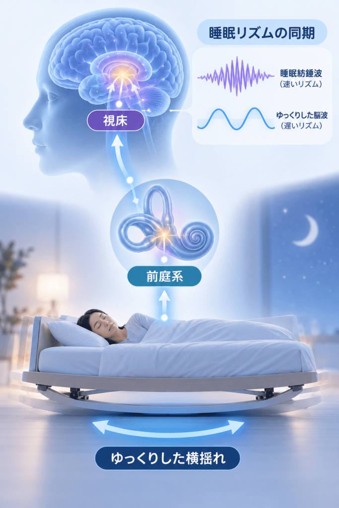 なぜ揺れると睡眠が安定するの？

研究チームは、内耳の「前庭系」への刺激が睡眠中の脳活動に影響した可能性を考えています。

前庭系とは、一言で言うと体の傾きや動きを感じる仕組みです。