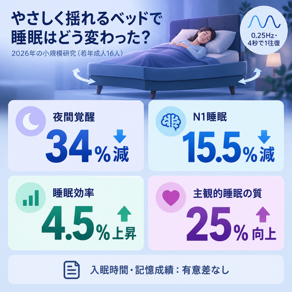 夜間に起きていた時間34％減N1睡眠15.5％減睡眠効率4.5％上昇主観的な睡眠の質25％向上