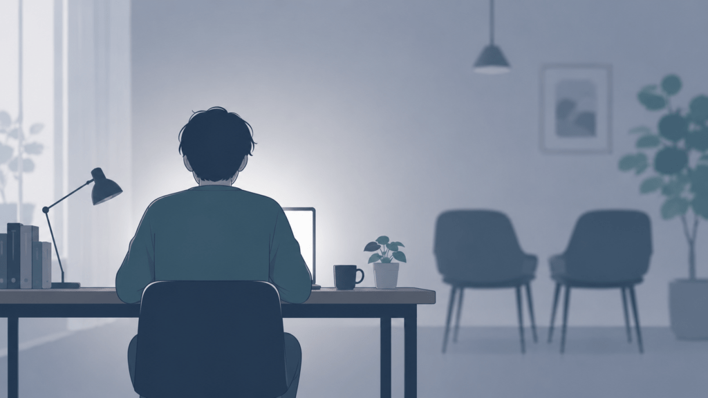 A person seated alone at a desk viewed from behind at a respectful distance, a soft screen glow ahead of them, and two empty chairs turned away in the blurred background of the room. Quiet and neutral rather than tragic, face not visible. Professional minimal editorial illustration. Muted palette: deep navy #1F3A5F, slate grey #6B7A8F, soft off-white #F4F6F8, single restrained accent of muted teal #3E7C7B. Generous white space, flat vector style, thin clean lines, no text labels, no readable UI text, calm and neutral tone, never alarmist or anti-technology, high resolution.
