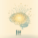 A warm, hopeful editorial illustration of a human brain rendered as a glowing network of soft light-blue and teal lines, with new bright connections sprouting like growing branches. Clean off-white background, subtle gradient, minimal flat design, professional and calm. People of different ages (young adult, middle-aged, elderly) silhouetted small at the base, looking up toward the bright brain. Color palette: soft blue (#2E5C8A), teal (#1F6F5C), warm cream. No text.